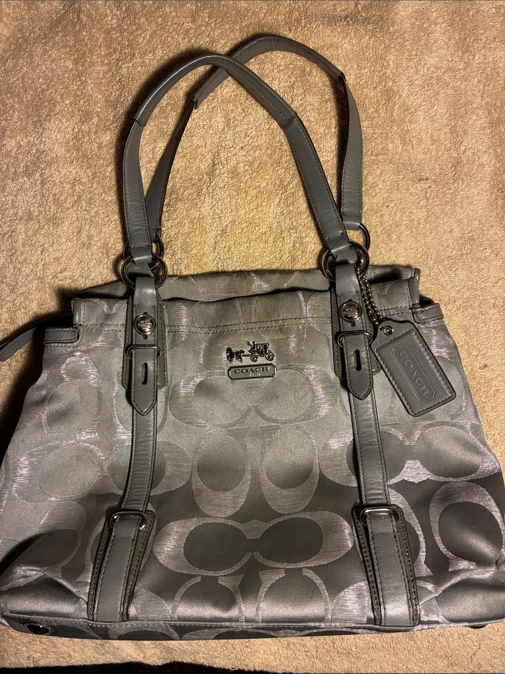 Coach Gray Signature Shoulder Tote - Metallic Accent
